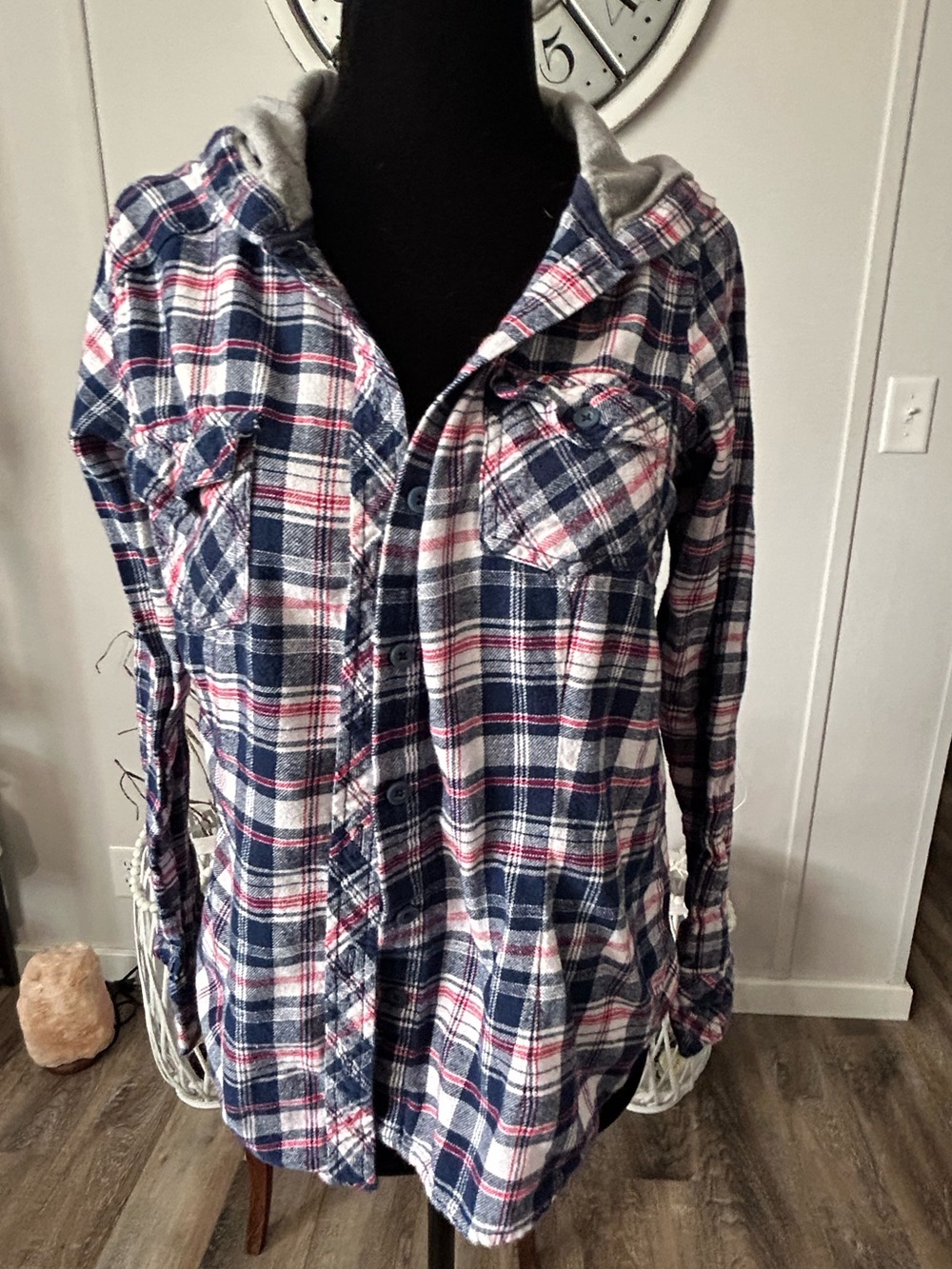 Teen  Plaid Hooded Flannel Shirt - Navy, White & Red